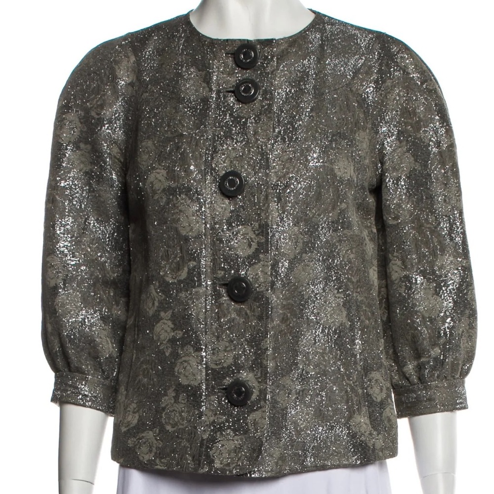 Tory Burch Metallic Linen Silk Gray Silver Printed Blazer Textured Floral Size 4
